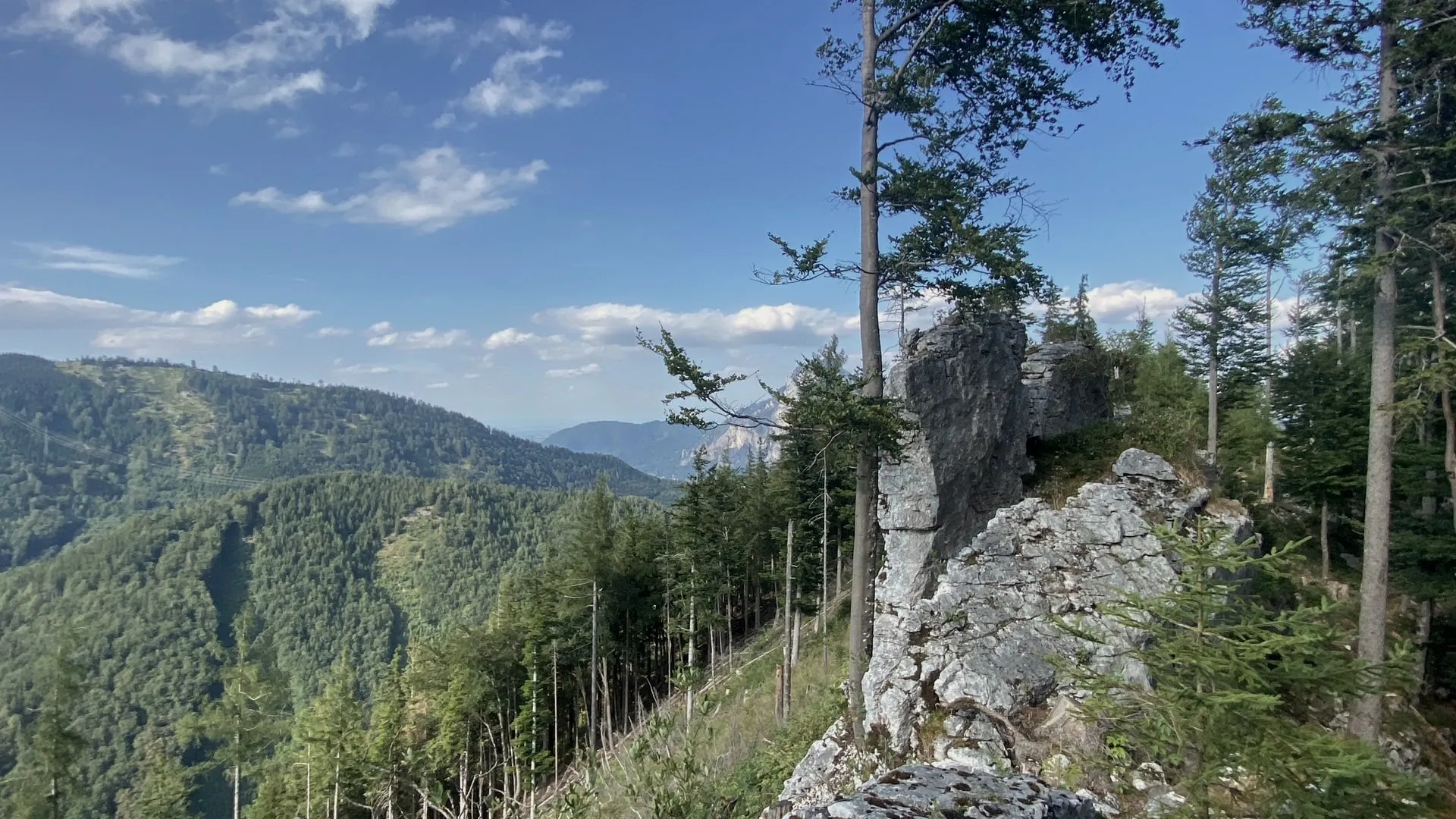 Una arista rocosa a lo largo de la cresta, el bosque cae al valle a la izquierda, las montañas sobre el lago Traunsee a lo lejos