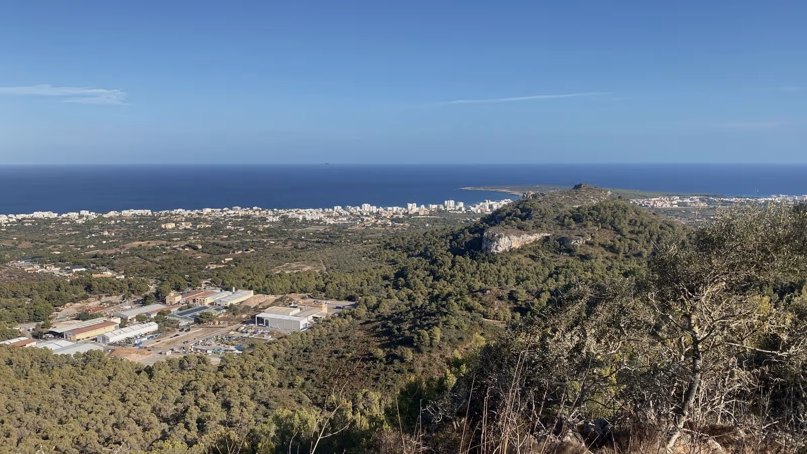 Vista desde el Puig de Santa Magdalena sobre el pinar y un polígono industrial hacia el llano, al fondo la costa y el mar azul intenso