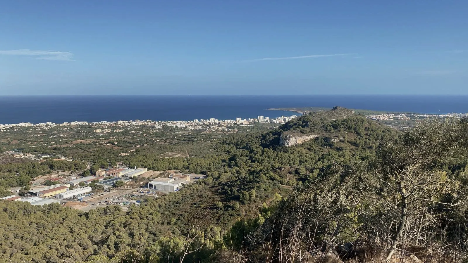 Vista desde el Puig de Santa Magdalena sobre el pinar y un polígono industrial hacia el llano, al fondo la costa y el mar azul intenso