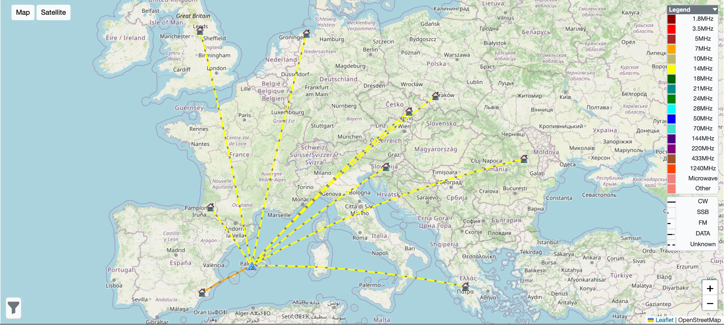 Mapa de la base de datos SOTA: desde Mallorca salen líneas amarillas discontinuas hacia Leeds, Groninga, Cracovia, Brno, Eslovenia, Moldavia, Patras y Pamplona, una naranja hacia Andalucía